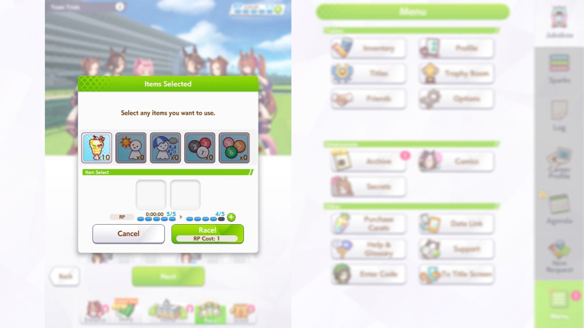 Use items to boost mood and change track conditions (Image via Cygames)